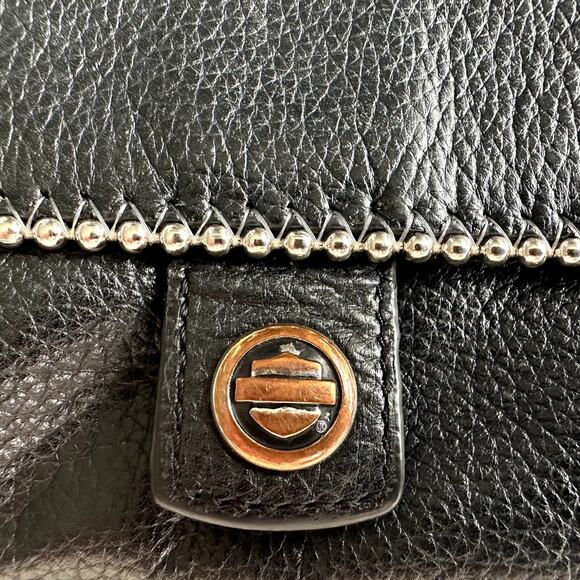 Harley Davidson Women Leather Crossbody Clutch Purse Bag Black Biker Beaded Trim - Picture 3 of 7